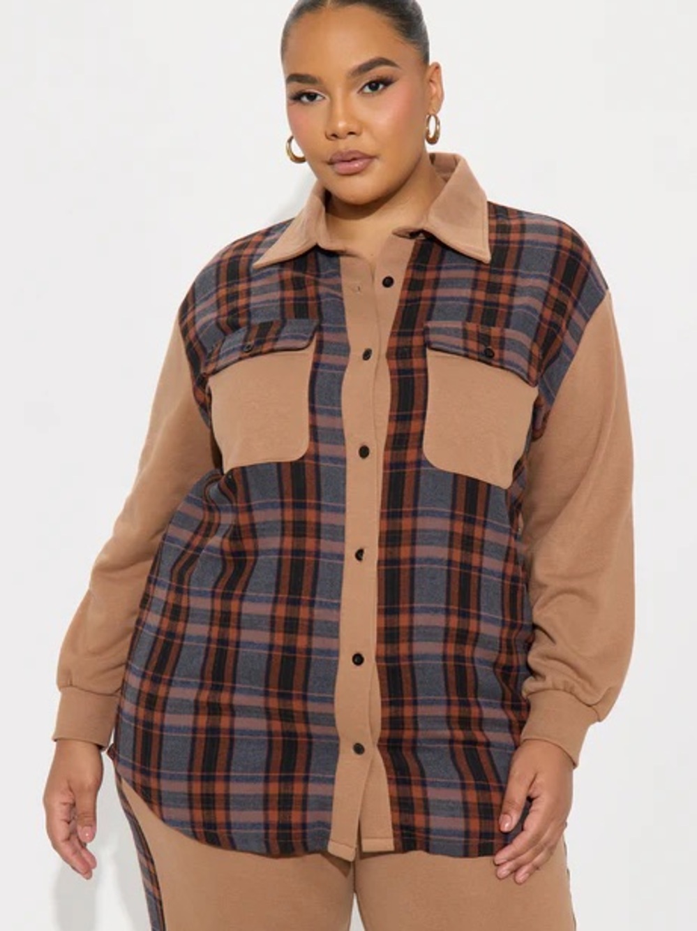 Fashion Nova Tan and Navy Plaid Button-Up  Shackleton with matching pants